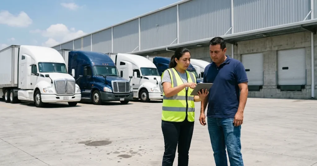 Melhor software para frotas grandes no México 1 Supervisora de frota e motorista conferem um tablet diante de uma fila de caminhões em um centro logístico